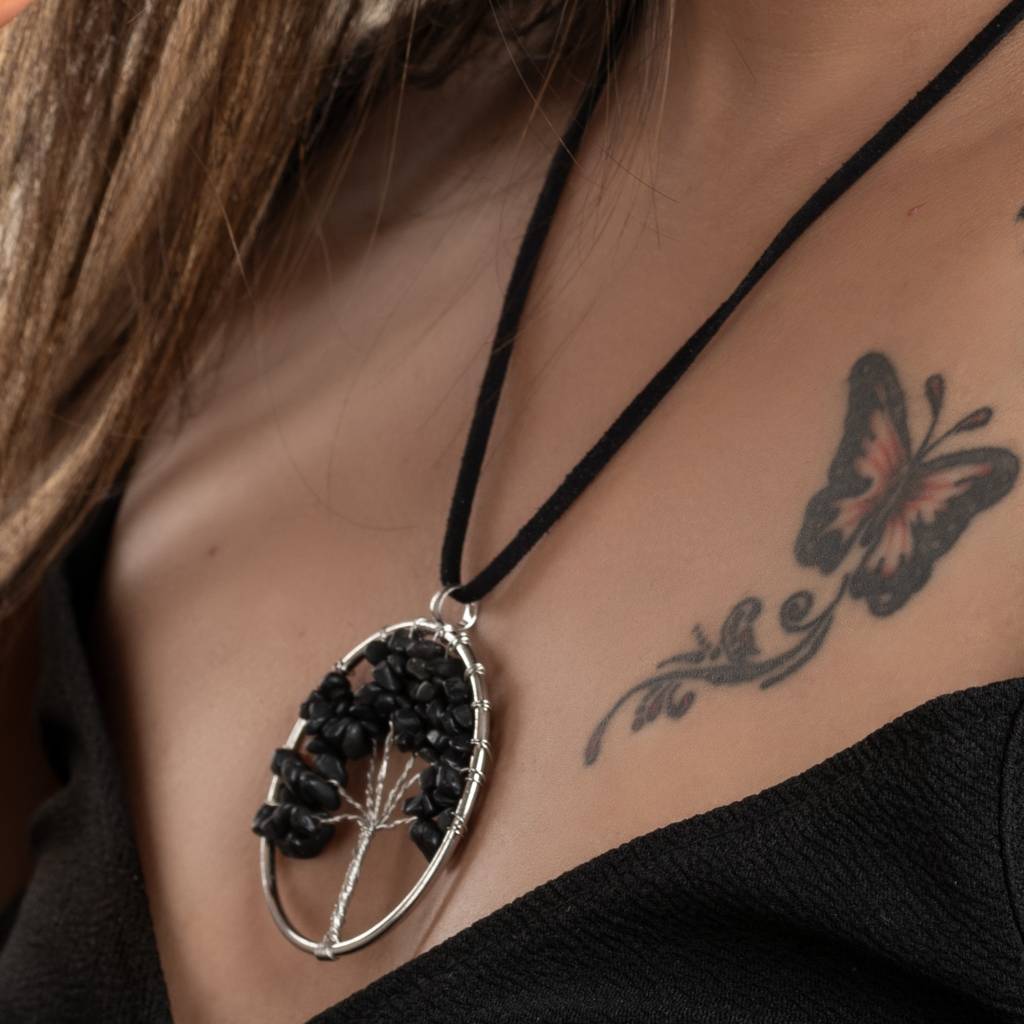 Semi Precious Black Onyx Tree Of Life Pendant Necklace With Adjustable Suede Cord For Women : LAANP57