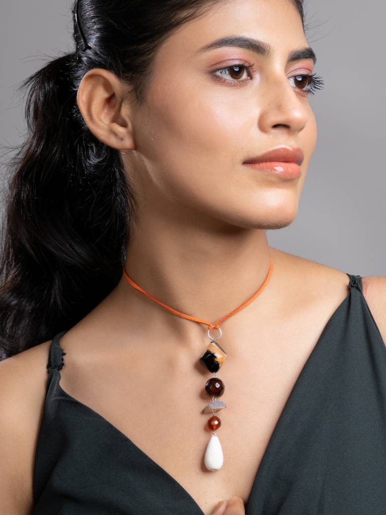 Brown Black White Onyx Agate Lava Sleek Necklace With Adjustable Suede Cord : LAANP242