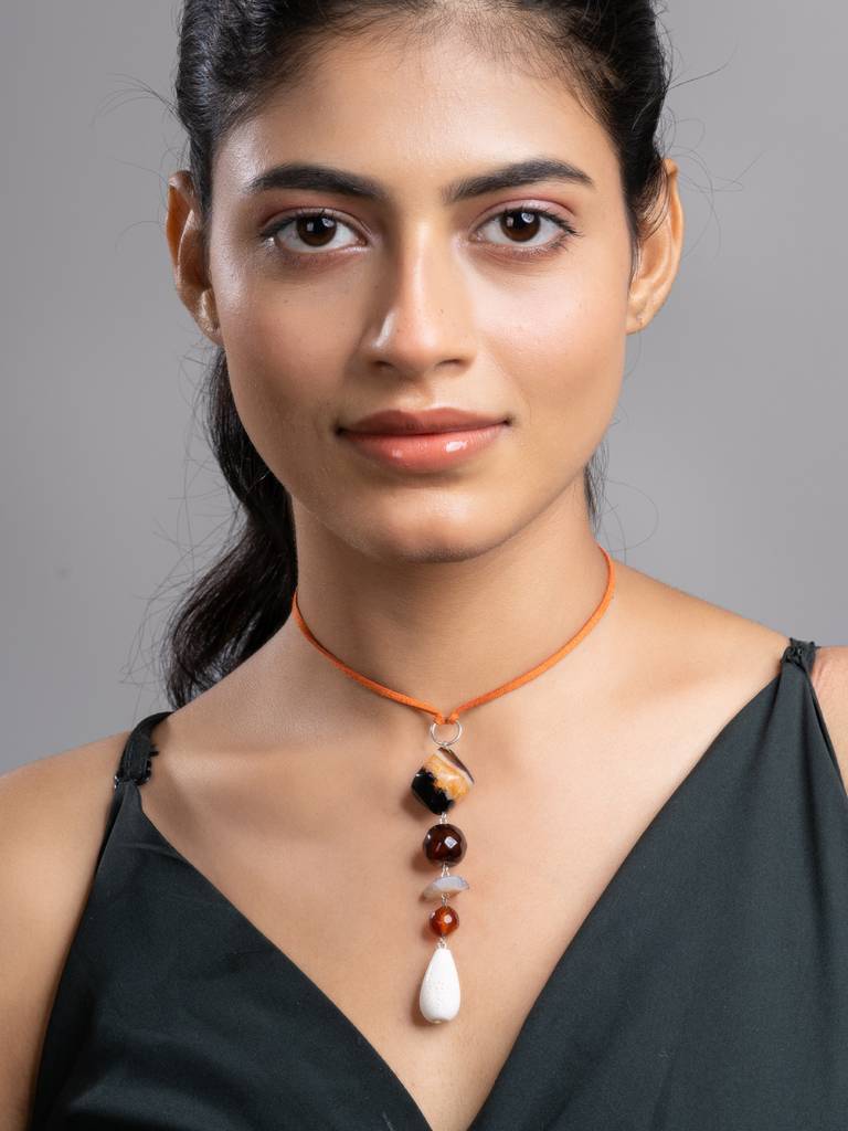 Brown Black White Onyx Agate Lava Sleek Necklace With Adjustable Suede Cord : LAANP242