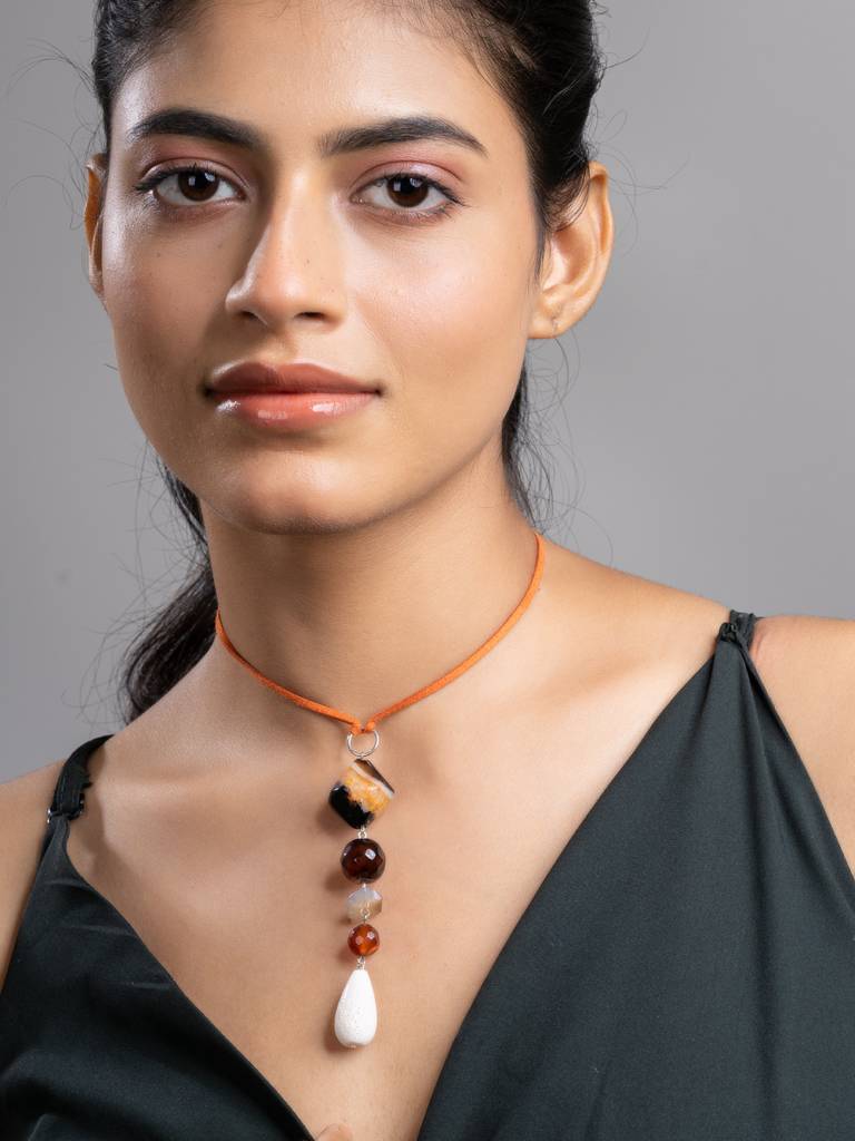 Brown Black White Onyx Agate Lava Sleek Necklace With Adjustable Suede Cord : LAANP242