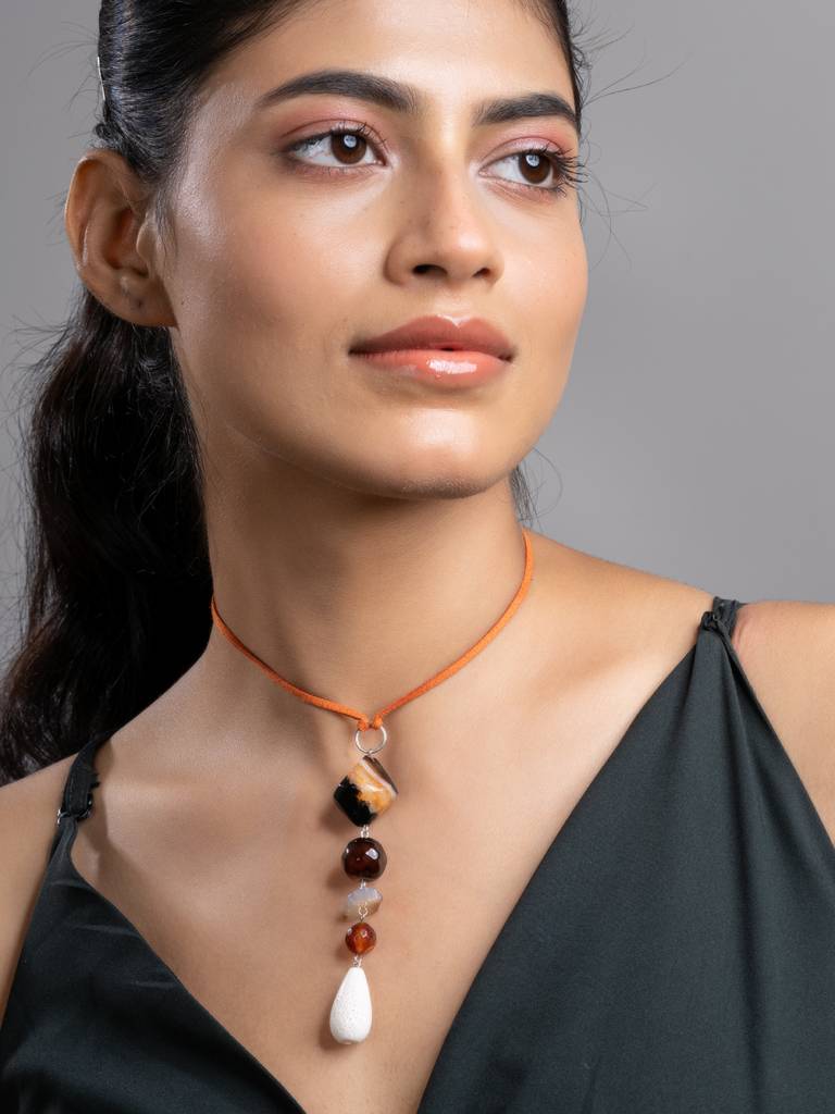 Brown Black White Onyx Agate Lava Sleek Necklace With Adjustable Suede Cord : LAANP242