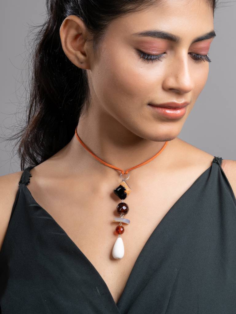 Brown Black White Onyx Agate Lava Sleek Necklace With Adjustable Suede Cord : LAANP242