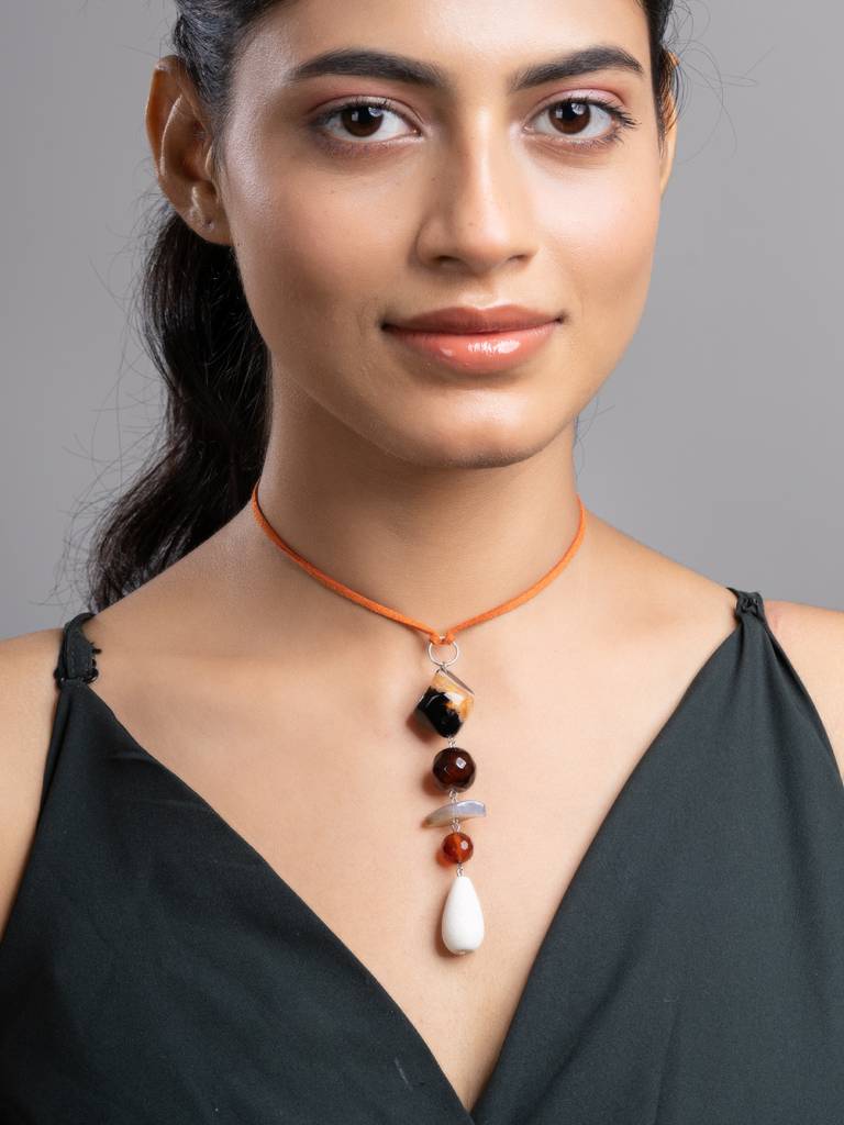 Brown Black White Onyx Agate Lava Sleek Necklace With Adjustable Suede Cord : LAANP242