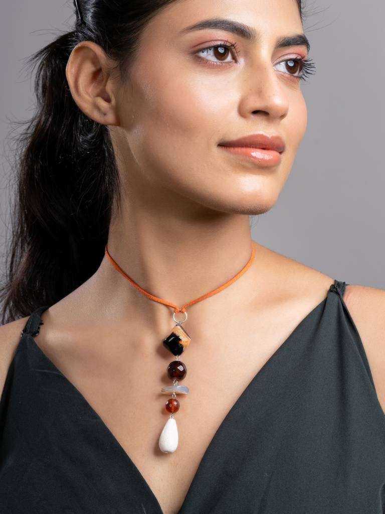 Brown Black White Onyx Agate Lava Sleek Necklace With Adjustable Suede Cord : LAANP242