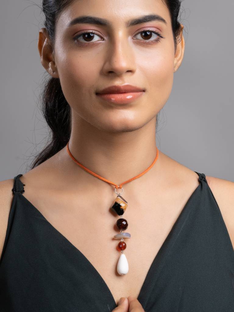 Brown Black White Onyx Agate Lava Sleek Necklace With Adjustable Suede Cord : LAANP242