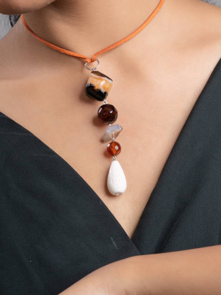 Brown Black White Onyx Agate Lava Sleek Necklace With Adjustable Suede Cord : LAANP242