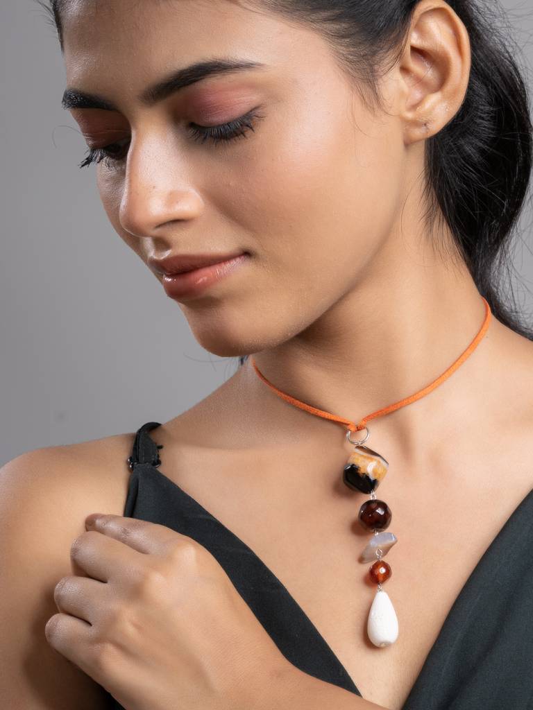 Brown Black White Onyx Agate Lava Sleek Necklace With Adjustable Suede Cord : LAANP242