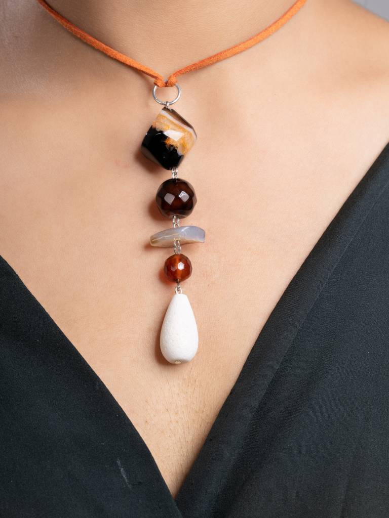 Brown Black White Onyx Agate Lava Sleek Necklace With Adjustable Suede Cord : LAANP242
