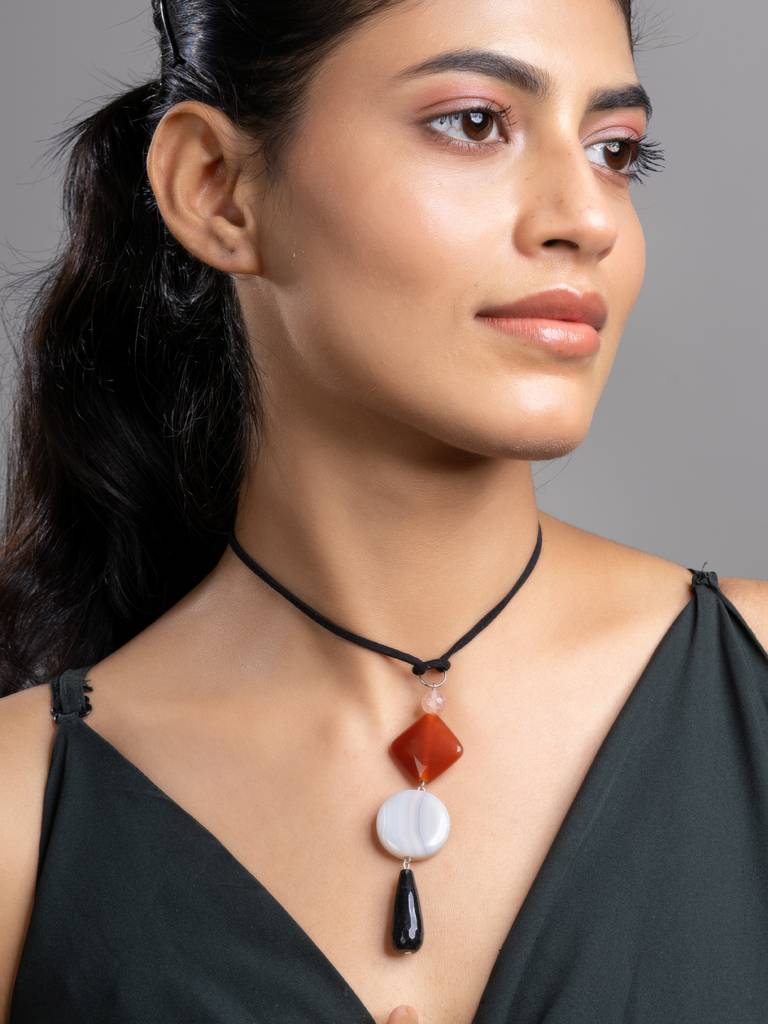 Black Brown White Onyx Agate  Sleek Necklace With Adjustable Suede Cord : LAANP235