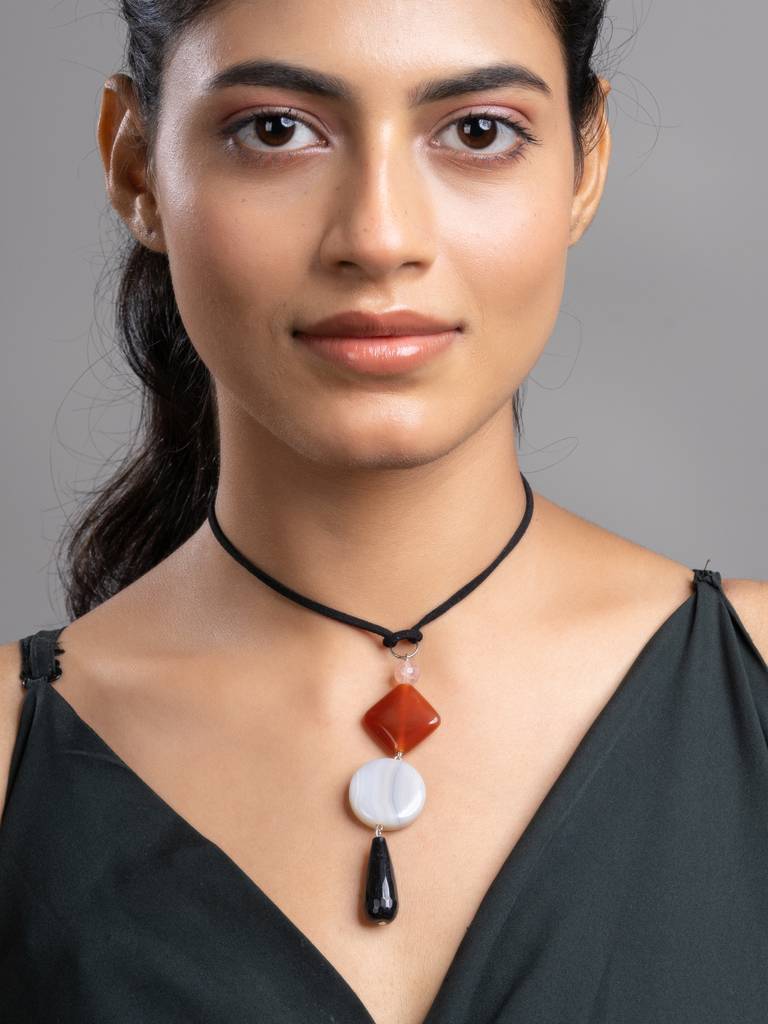 Black Brown White Onyx Agate  Sleek Necklace With Adjustable Suede Cord : LAANP235