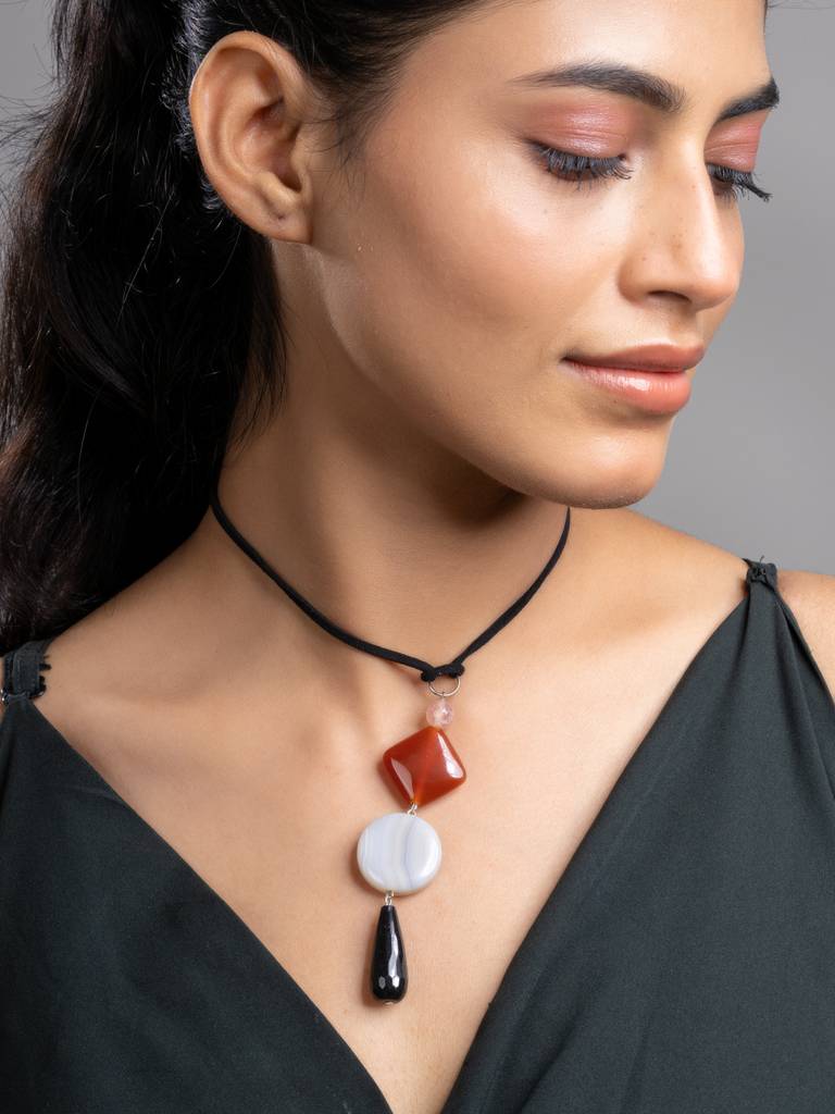 Black Brown White Onyx Agate  Sleek Necklace With Adjustable Suede Cord : LAANP235