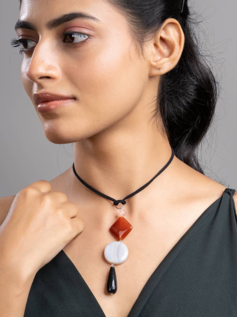 Black Brown White Onyx Agate  Sleek Necklace With Adjustable Suede Cord : LAANP235