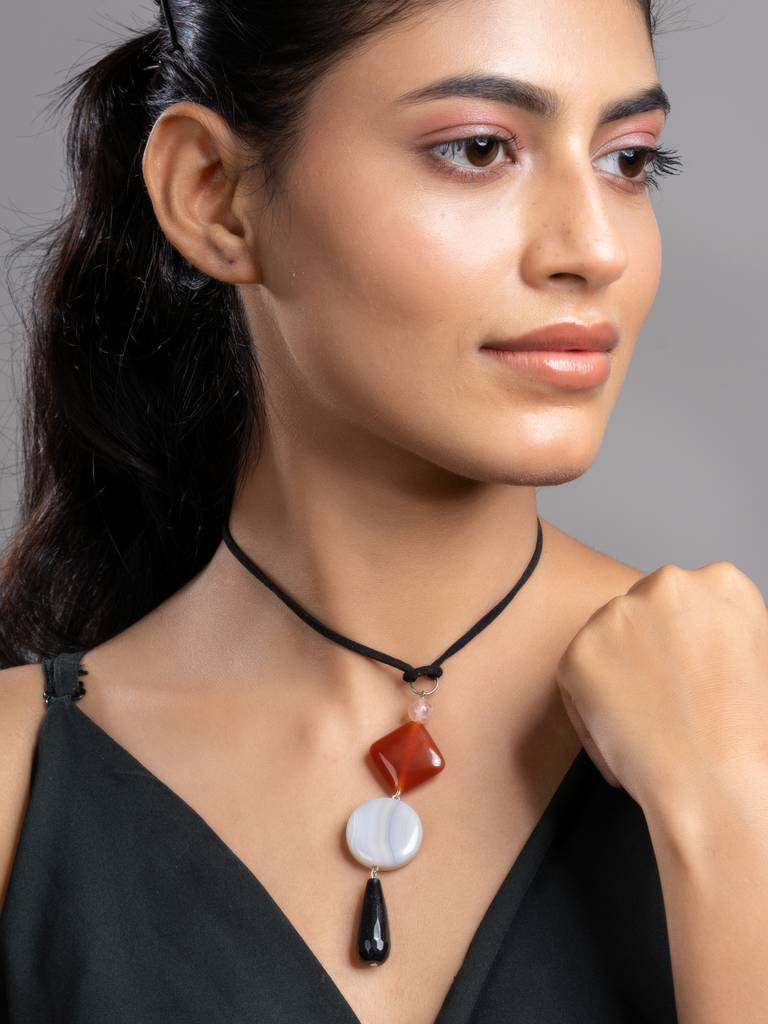 Black Brown White Onyx Agate  Sleek Necklace With Adjustable Suede Cord : LAANP235