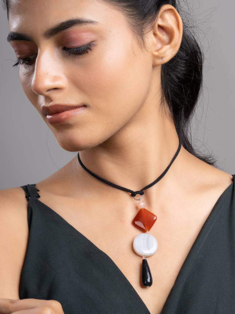 Black Brown White Onyx Agate  Sleek Necklace With Adjustable Suede Cord : LAANP235