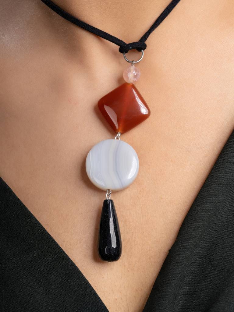 Black Brown White Onyx Agate  Sleek Necklace With Adjustable Suede Cord : LAANP235