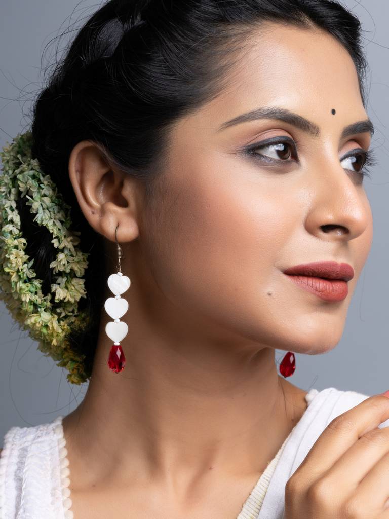 Mother Of Pearl Heart Red Crystal Drop Earrings : LAAER695