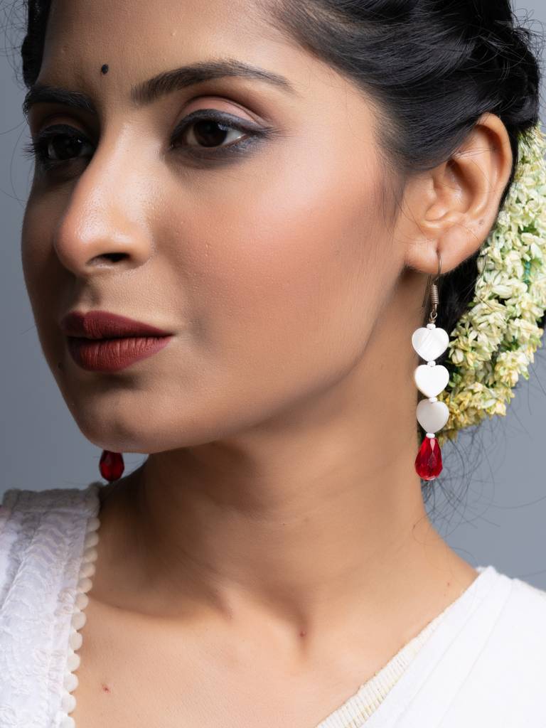 Mother Of Pearl Heart Red Crystal Drop Earrings : LAAER695