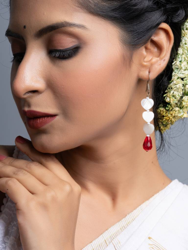 Mother Of Pearl Heart Red Crystal Drop Earrings : LAAER695