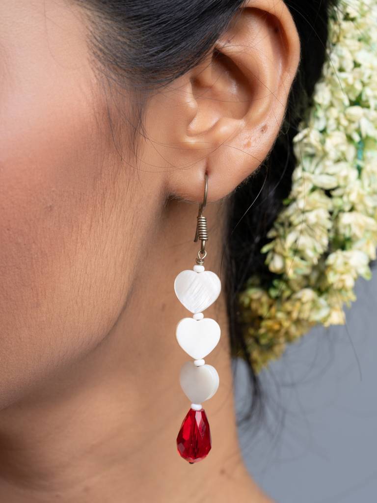 Mother Of Pearl Heart Red Crystal Drop Earrings : LAAER695