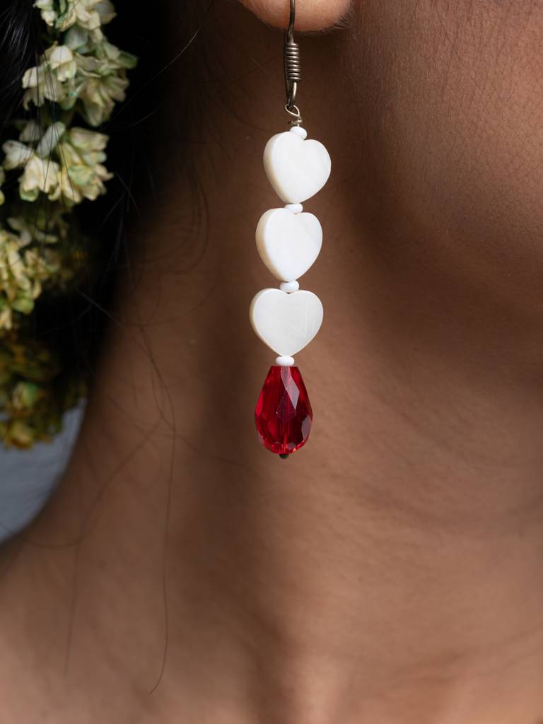 Mother Of Pearl Heart Red Crystal Drop Earrings : LAAER695