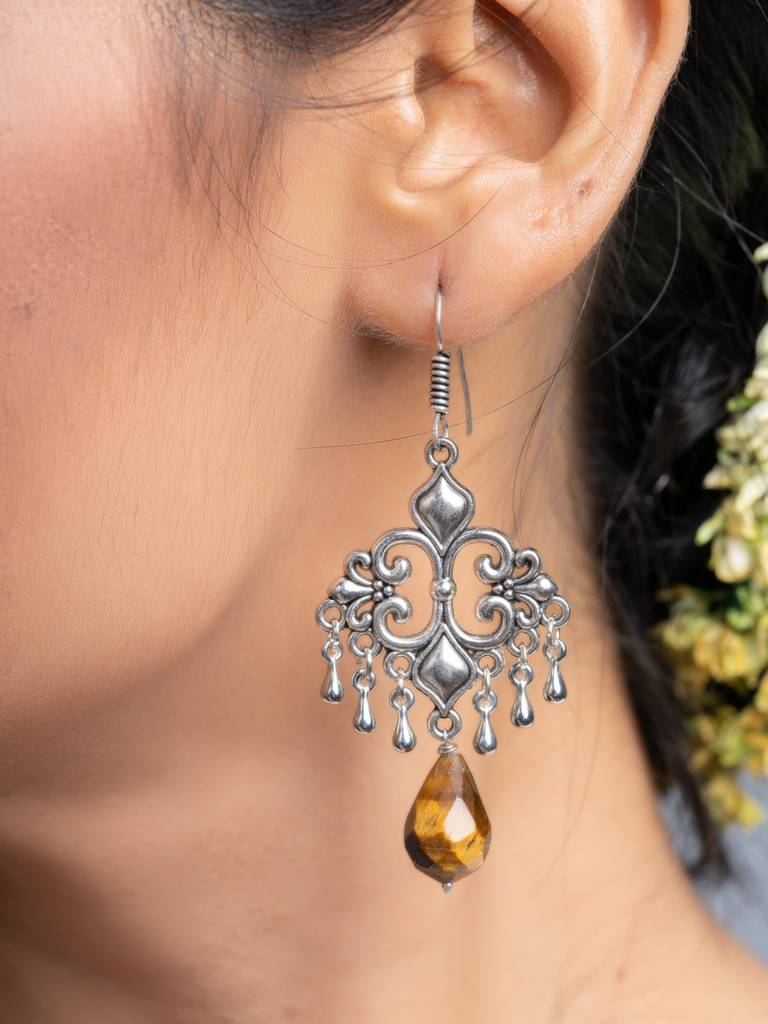 Tiger Eye German Silver Dangler Earrings : LAAER702