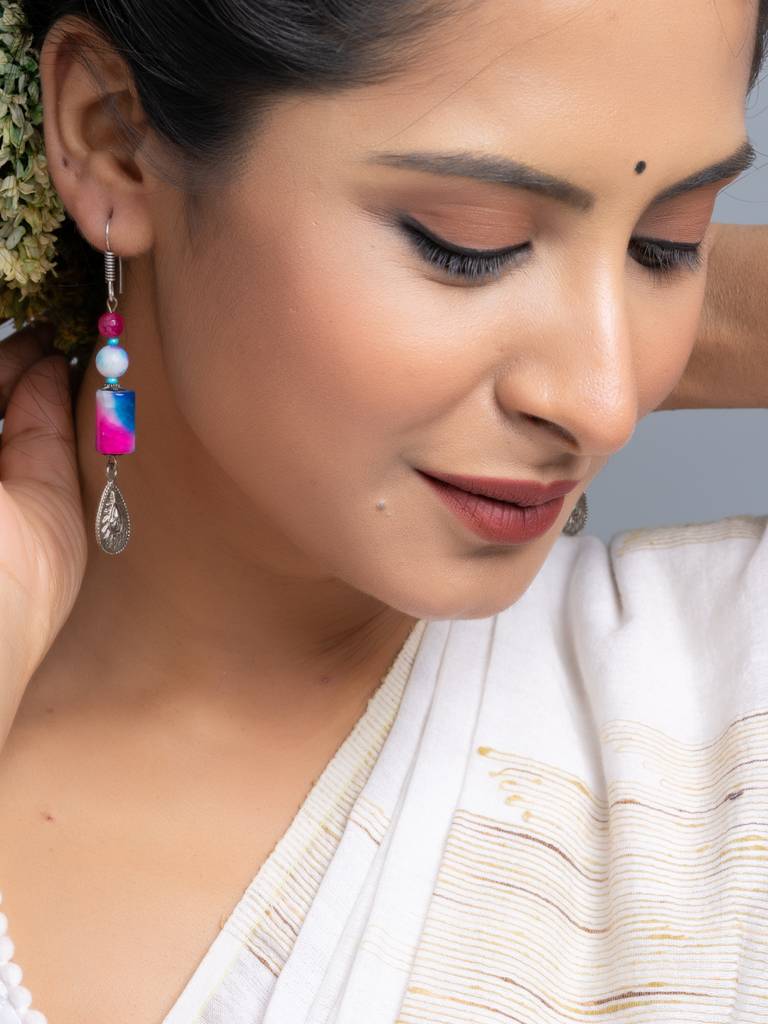 Blue Pink Semi Precious Onyx Earrings-Laaer714 : LAAER714