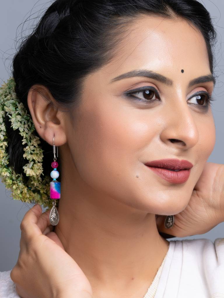 Blue Pink Semi Precious Onyx Earrings-Laaer714 : LAAER714