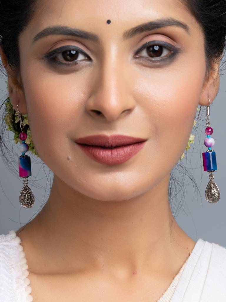 Blue Pink Semi Precious Onyx Earrings-Laaer714 : LAAER714