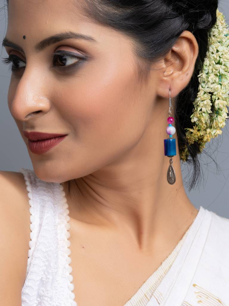 Blue Pink Semi Precious Onyx Earrings-Laaer714 : LAAER714