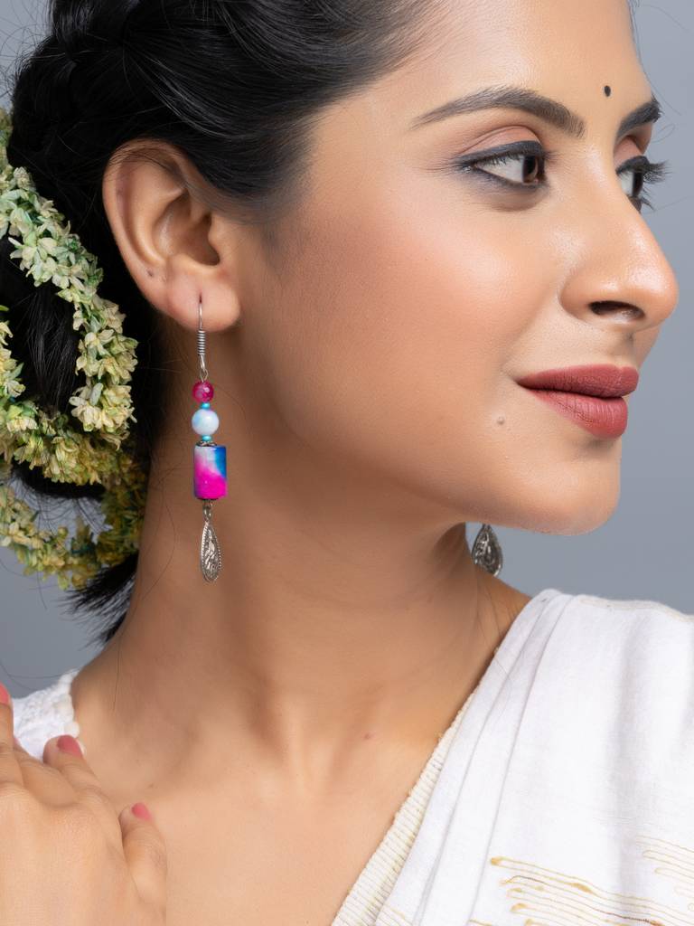 Blue Pink Semi Precious Onyx Earrings-Laaer714 : LAAER714