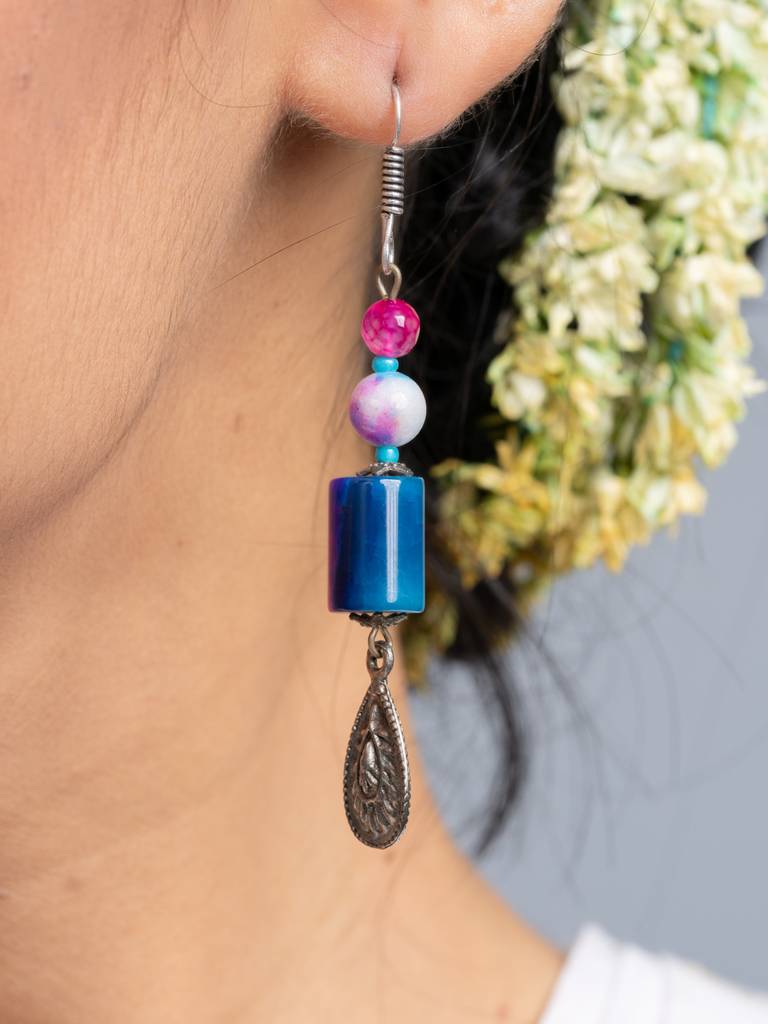 Blue Pink Semi Precious Onyx Earrings-Laaer714 : LAAER714