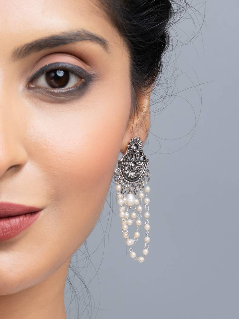 Natural Fresh Water Pearl German Silver With Faux Chain Pearl Stud Earrings : LAAER715