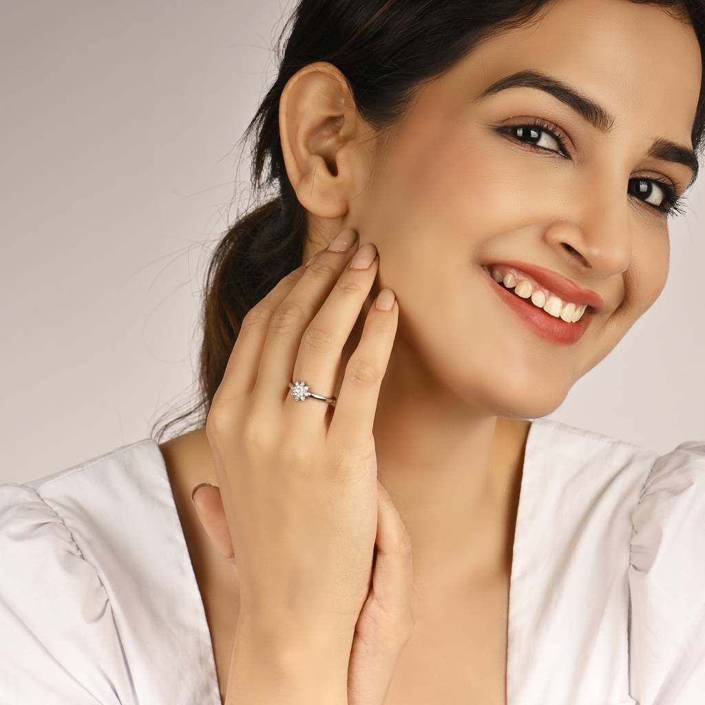 925 Sterling Silver Sunflower Zircon Silver Flower Adjustable Ring : RJSPRG23