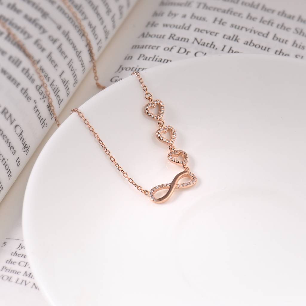 925 Sterling Silver Infinity Love Trifold Hearts Zircon Rose Gold Pendant With Link Chain : RJSPPN12