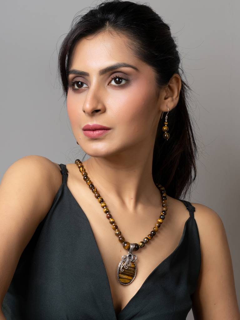 Handmade Designer Golden Brown Tiger Eye Stone Necklace Set : LAANP176