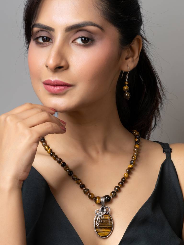 Handmade Designer Golden Brown Tiger Eye Stone Necklace Set : LAANP176