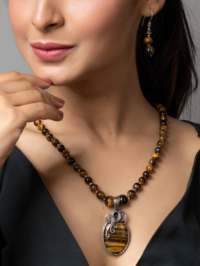 Handmade Designer Golden Brown Tiger Eye Stone Necklace Set : LAANP176