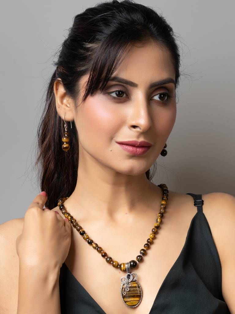 Handmade Designer Golden Brown Tiger Eye Stone Necklace Set : LAANP176
