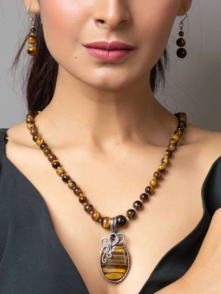 Handmade Designer Golden Brown Tiger Eye Stone Necklace Set : LAANP176