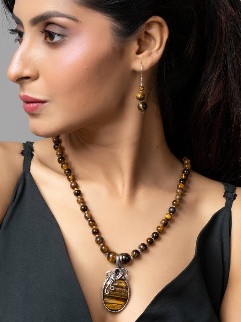 Handmade Designer Golden Brown Tiger Eye Stone Necklace Set : LAANP176