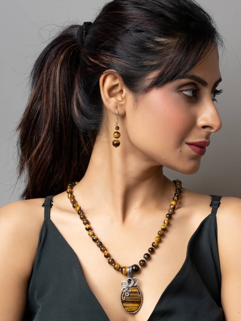 Handmade Designer Golden Brown Tiger Eye Stone Necklace Set : LAANP176