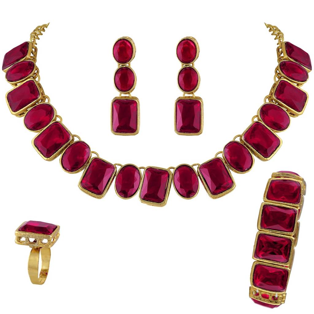 Gold Plated Square Rani Pink Crystal Necklace With Drop Earrings Bracelet Finger Ring Indian Ethnic Set For Women  : PF24N18RP