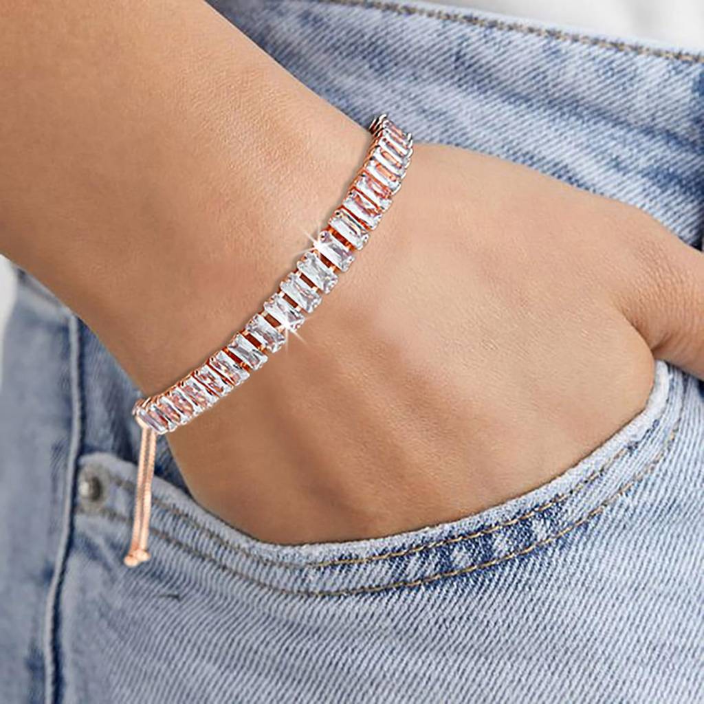 Rose Gold Plated Baguette Stone Studded Adjustable Tennis Bracelet Stylish Fashion Jewellery For Women & Girls-Px8B : PX8B80CW