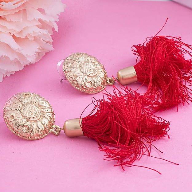 Estele Gold Plated Designer Egyptian Red Tassel Earrings For Women : 687709-IGER