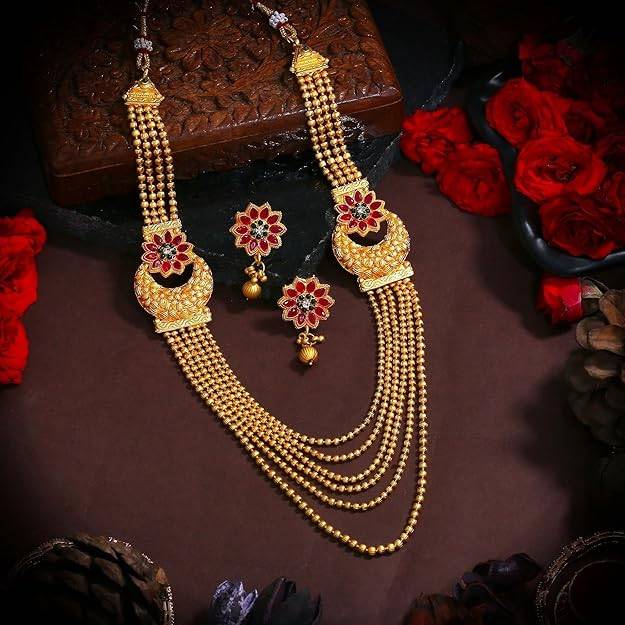 Estele Gold Plated Beautiful Gehena Long Necklace Set With Ruby & Green Stones For Women : PJ-030-IGRBGNNKER