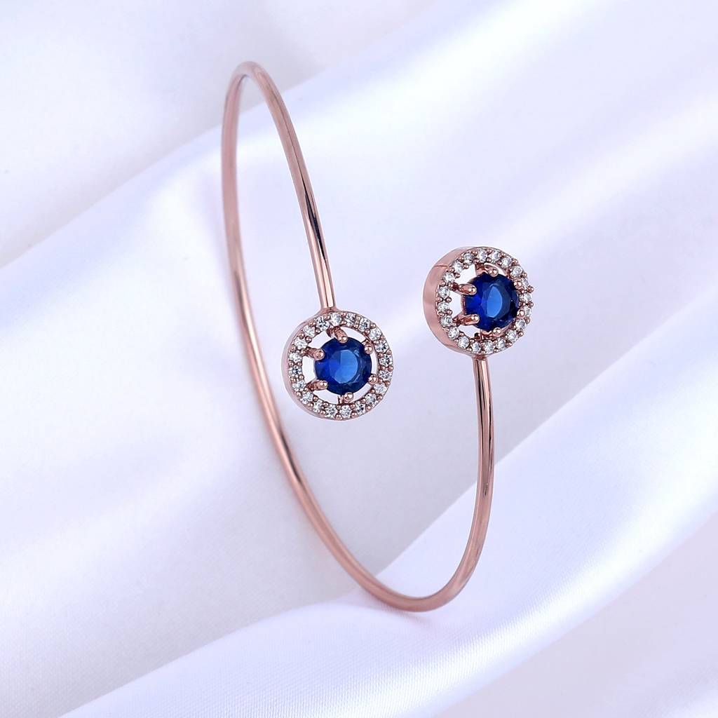 Estele Rosegold Plated Trendy And Comfortable Lightweight Cuff Kada Bracelet With Classic Blue Stones For Girl : AD-090-RGBLBR