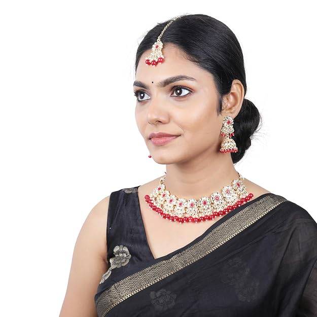 Estele Gold Plated Marvelous Gehena Necklace Set & Maang Tikka With Ruby Beads For Women : PJ-040-IGRBNKERTK