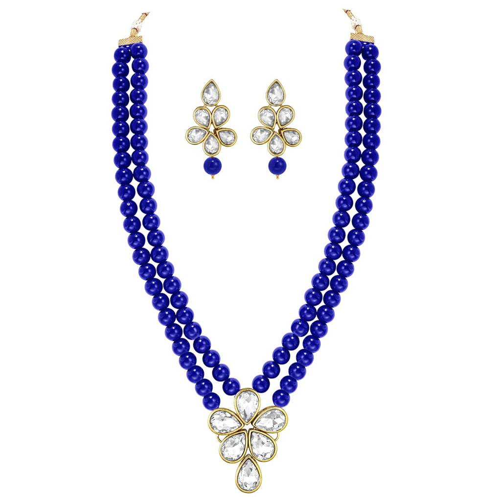 Crystal Faux Pearl Long Necklace With Drop Earrings Traditional Ethnic Jewellery Set For Women Girls-Pf24N184 : PF24N184B
