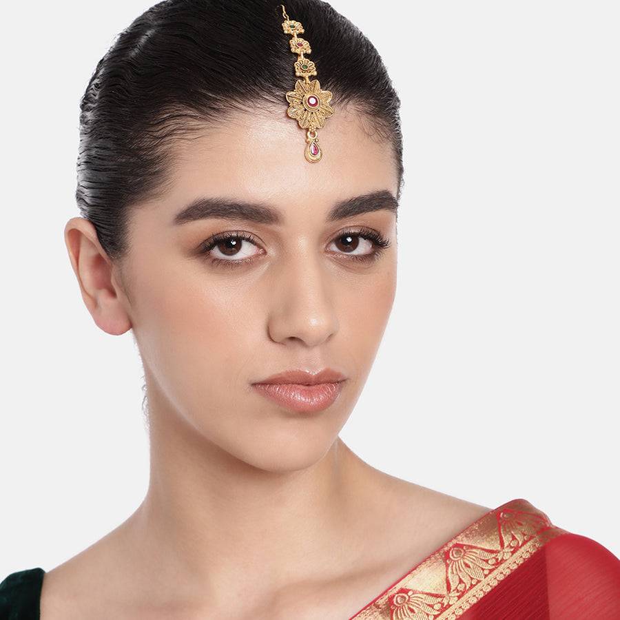 Estele Gold Plated Gorgeous Floral Matte Finish Maang Tikka With Multi-Color Crystals For Women : 036-IGGNRBTIKAA