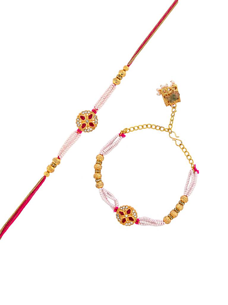 White Pearls And Golden Beads Bhaiya Bhabhi Lumba Rakhi : 8905124524901